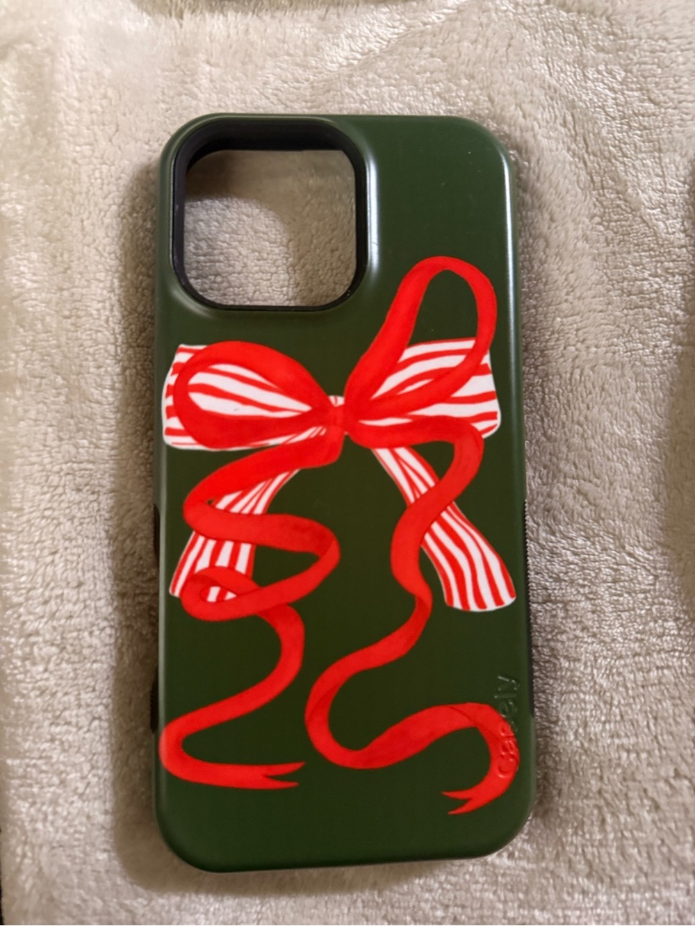 Festive Olive Green Phone Case with Red Ribbon Accent